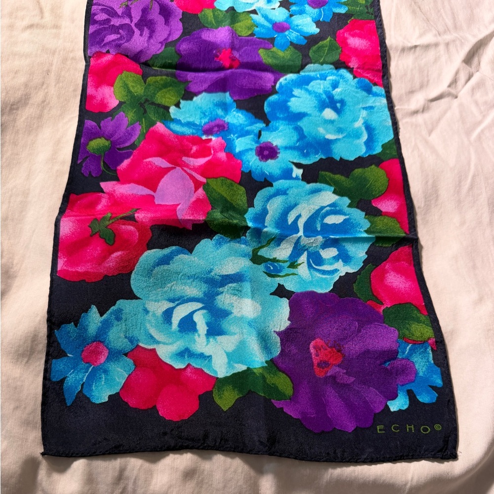 Echo Black Silk Scarf with Bright Blue, Hot Pink and Purple Florals